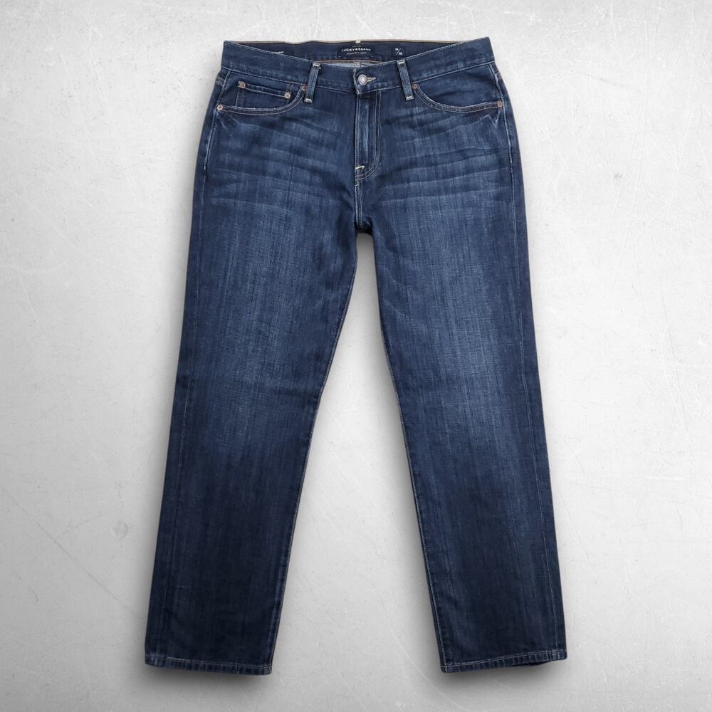 Lucky Brand 221 Straight Jeans Men 34x30 Dark Blue Denim Stretch Distressed